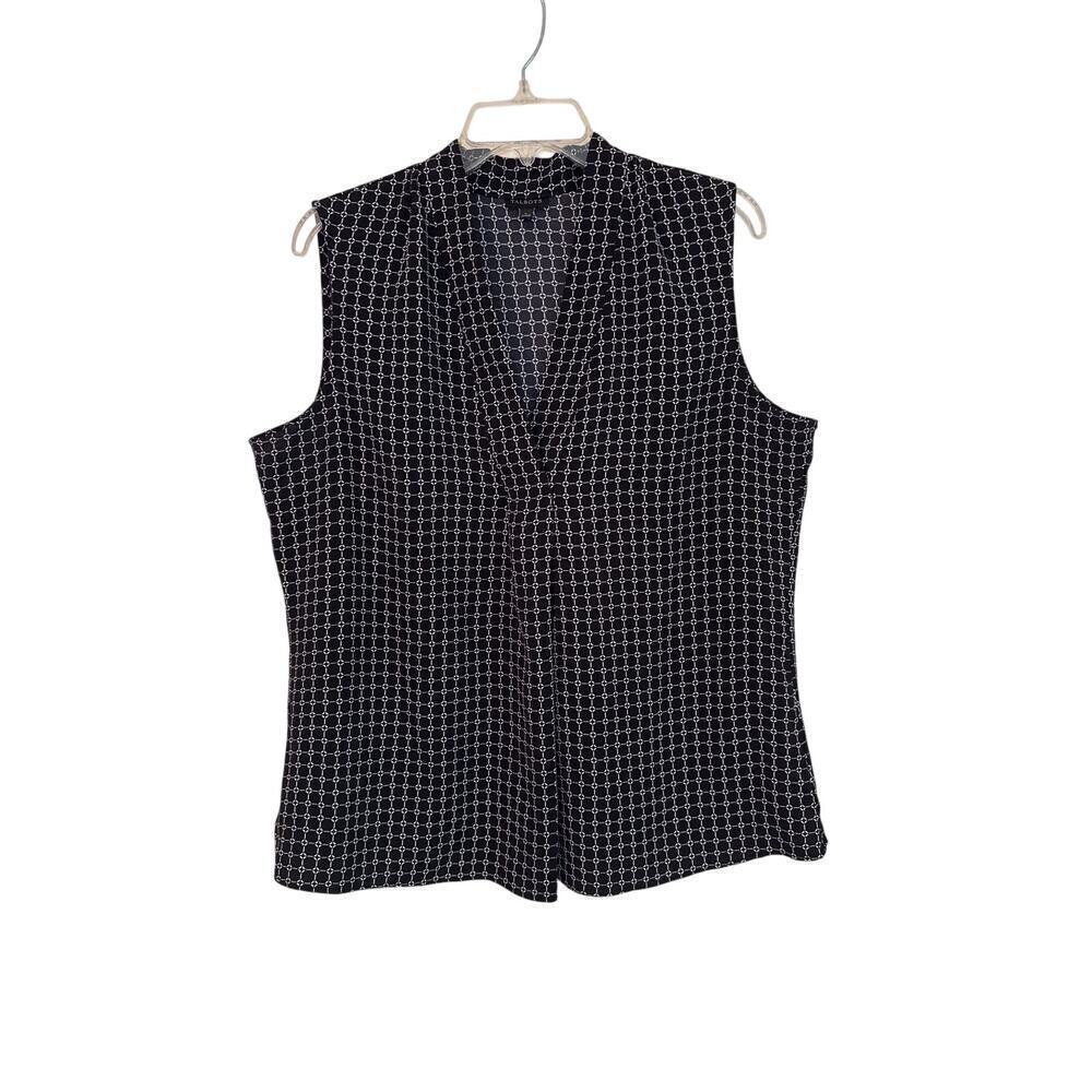 Talbots Women's Sleeveless Blouse Top Black White Geometric V Neck Size Large